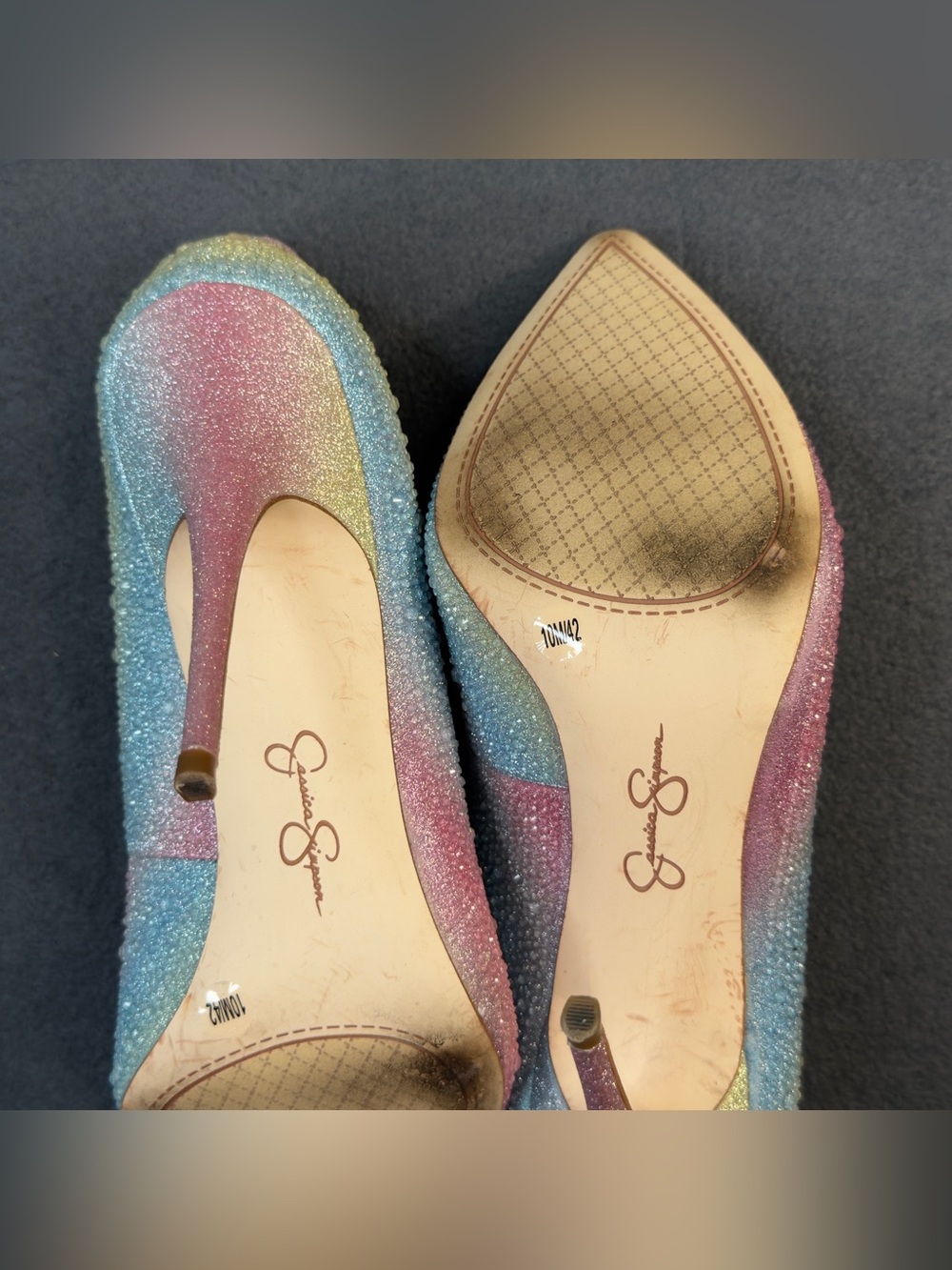 Jessica Simpson Pastel Rainbow Crystal Pointed Toe Pumps - Pink Blue Yellow - Picture 9 of 12